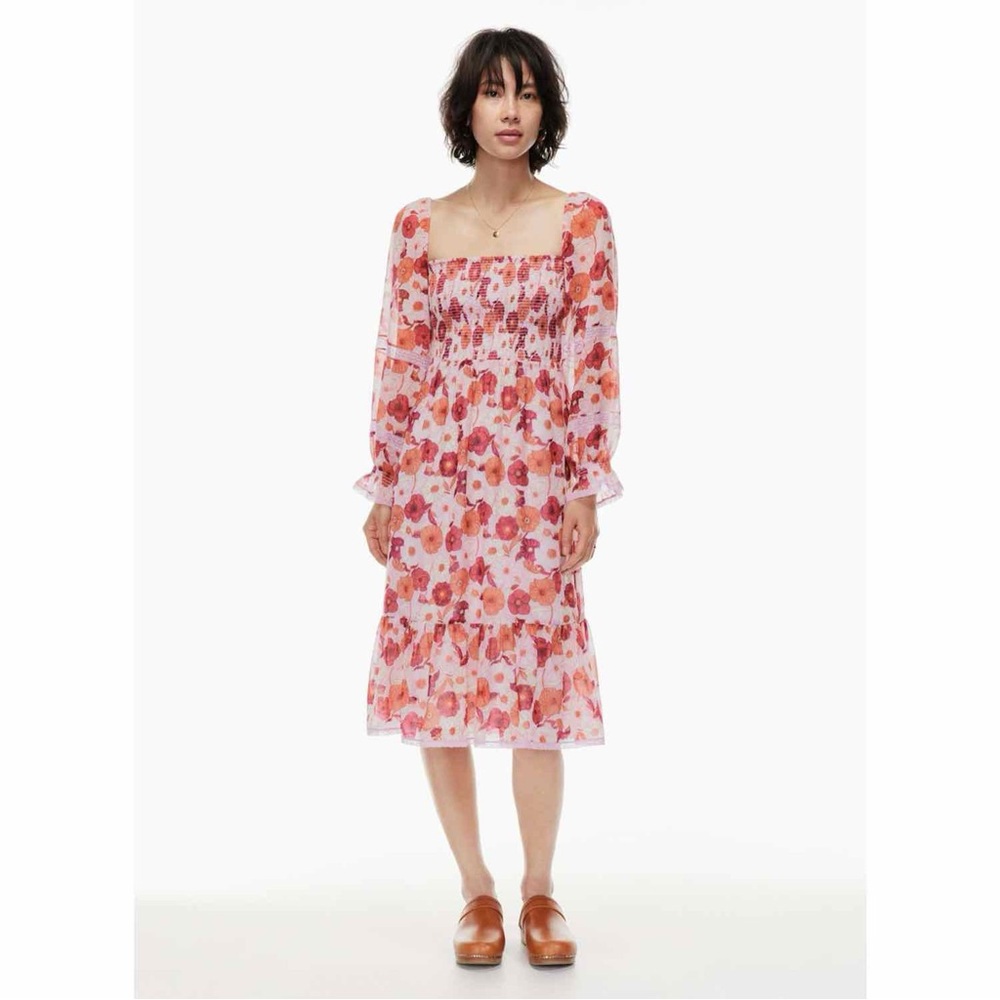 Wilfred Artizia Grace Midi Dress‎ Pink Floral Large Smocked Spring Summer Resort